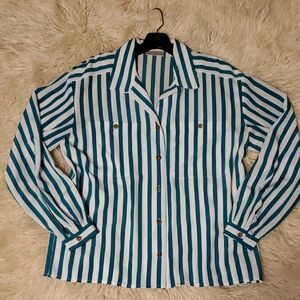 Vintage Liz Claiborne Teal Stripe Chambray Semi Sheer Button Down Shirt Blouse 8